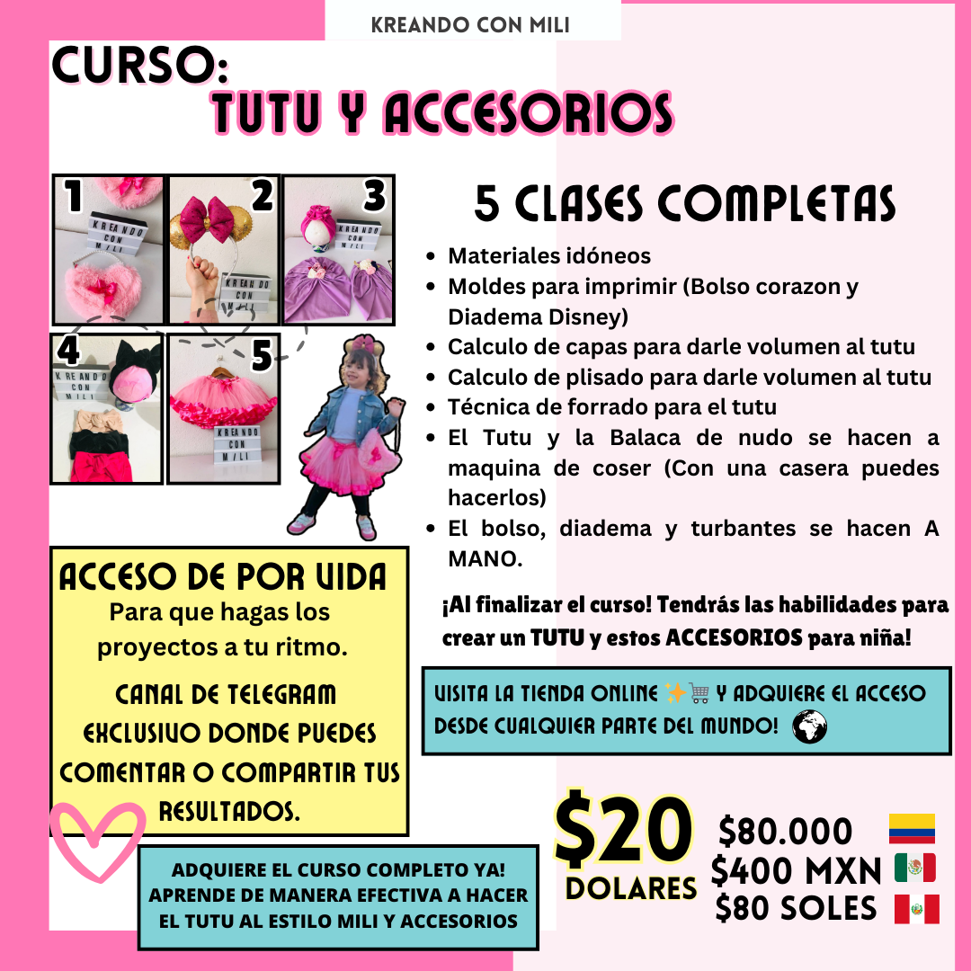 CURSO VIRTUAL: TUTU+DIADEMA DISNEY+BOLSITO +BALACA NUDO+TURBANTE