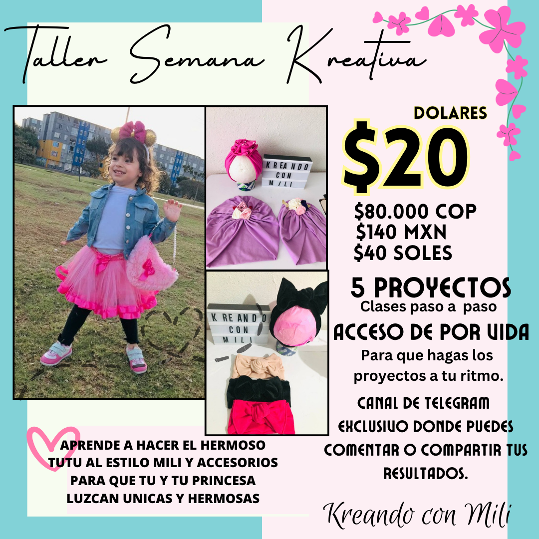 CURSO VIRTUAL: TUTU+DIADEMA DISNEY+BOLSITO ❤+BALACA NUDO+TURBANTE