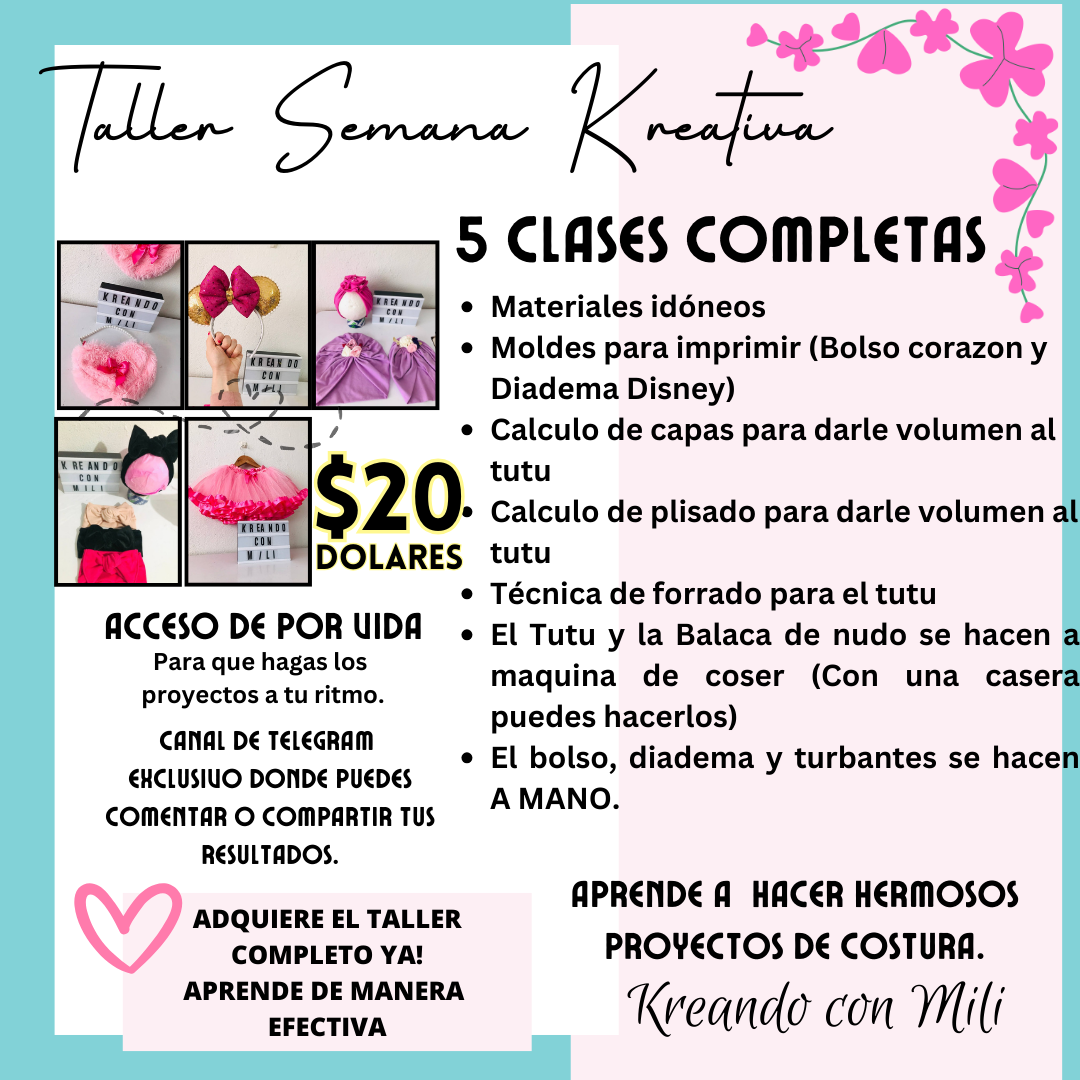 CURSO VIRTUAL: TUTU+DIADEMA DISNEY+BOLSITO ❤+BALACA NUDO+TURBANTE