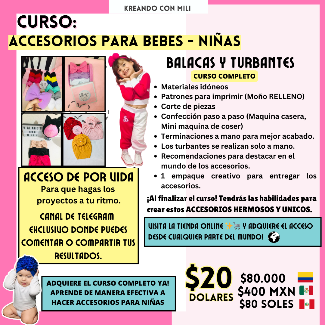 CURSO VIRTUAL: Accesorios para BEBE-NIÑA (BALACAS- TURBANTES) PROMO